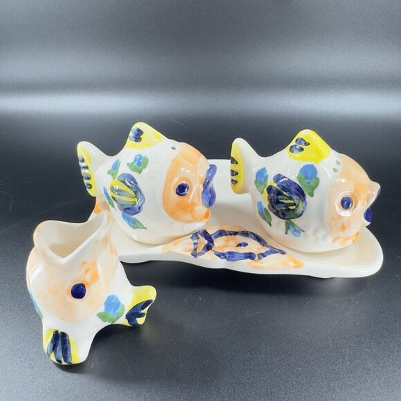 Hand Made Italian Pottery Set Tray Shakers And Fish With Open Mouth Figure VTG - Picture 15 of 16